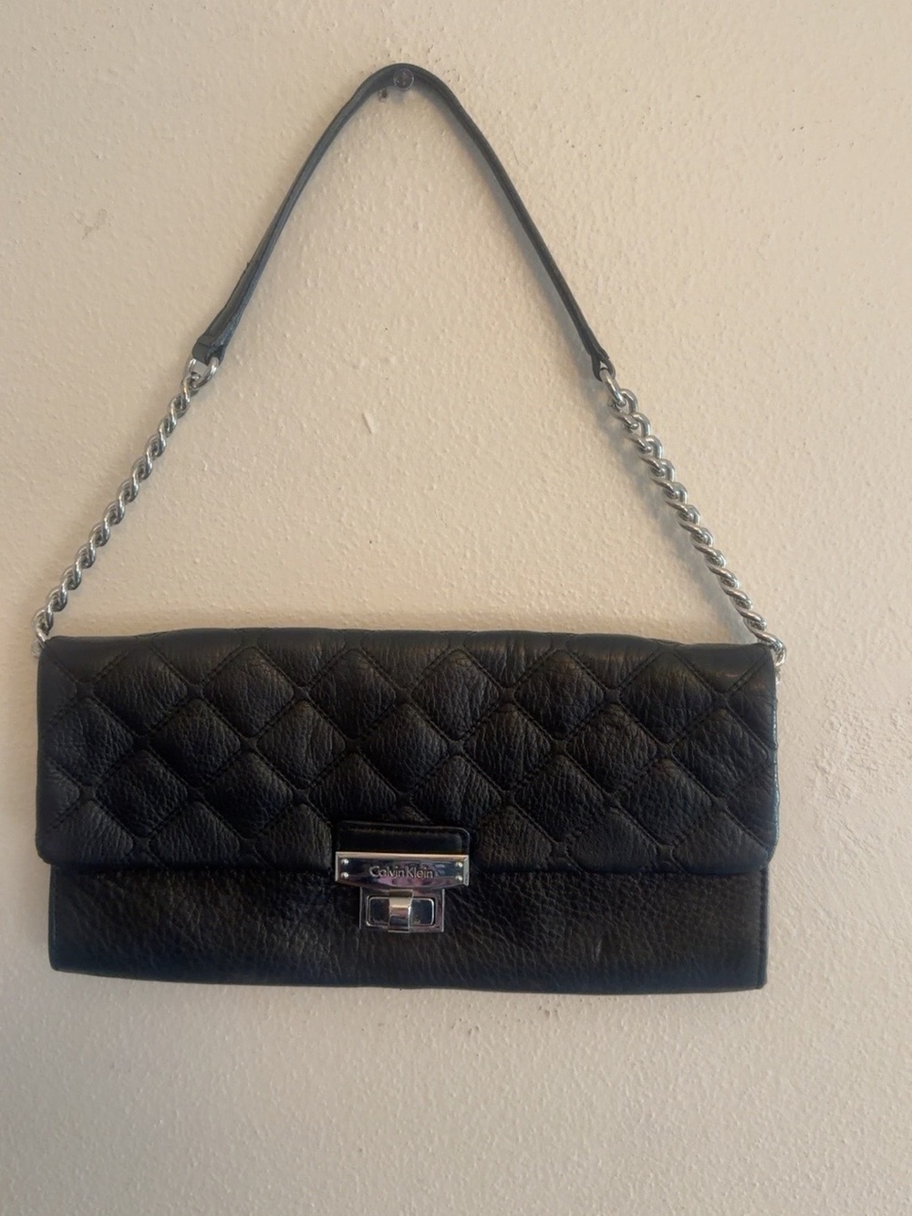 Calvin Klein Black Quilted Flap Shoulder Bag Chain Strap